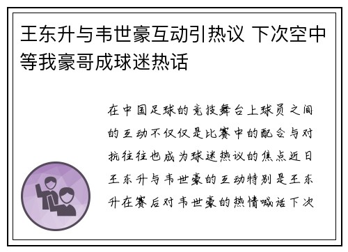 王东升与韦世豪互动引热议 下次空中等我豪哥成球迷热话